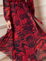 Love & Roses Red/Black Animal Printed Belted Pleated Long Sleeve Midi Dress - Image 2 of 4