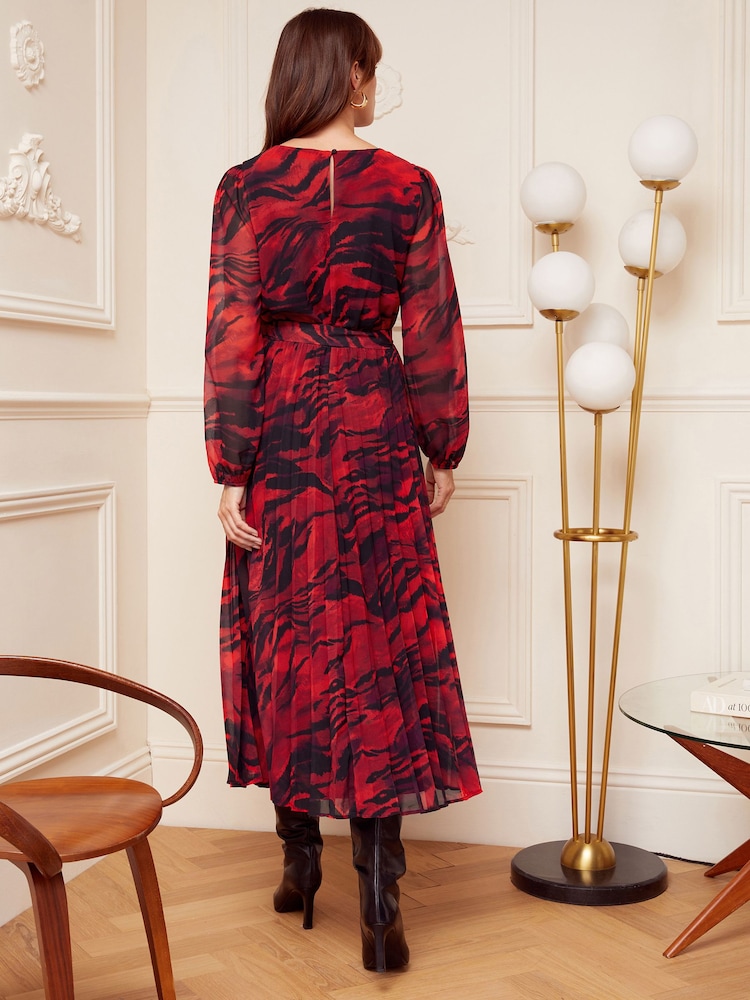 Love & Roses Red/Black Animal Printed Belted Pleated Long Sleeve Midi Dress - Image 3 of 4
