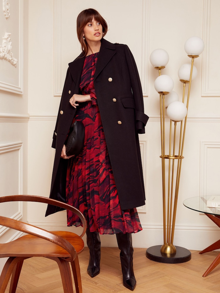 Love & Roses Red/Black Animal Printed Belted Pleated Long Sleeve Midi Dress - Image 4 of 4