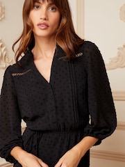 Love & Roses Black 3/4 Sleeve Dobby Lace Trim Midi Dress - Image 2 of 4