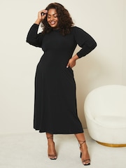 Lipsy Black Curve Jersey Long Puff Sleeve Midi Dress - Image 1 of 4