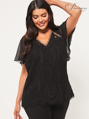 Lipsy Black Curve Flutter Sleeve Lace Top - Image 1 of 4