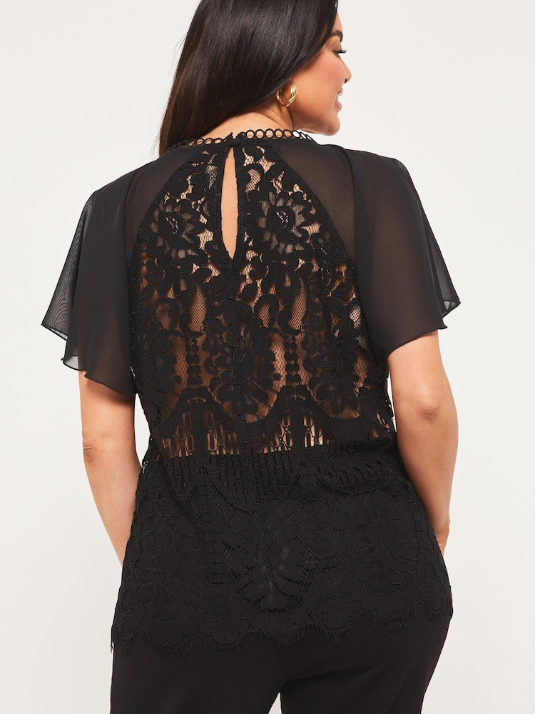 Lipsy Black Curve Flutter Sleeve Lace Top - Image 2 of 4