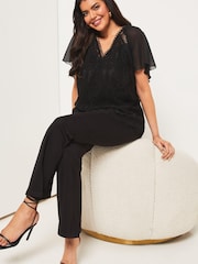 Lipsy Black Curve Flutter Sleeve Lace Top - Image 3 of 4