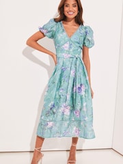 Lipsy Blue Premium V Neck Belted Lace Short Puff Sleeve Midi Dress - Image 1 of 4