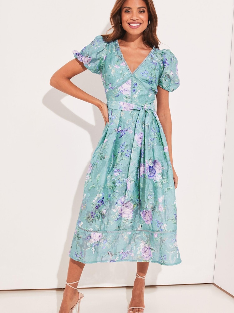 Lipsy Blue Premium V Neck Belted Lace Short Puff Sleeve Midi Dress - Image 1 of 4