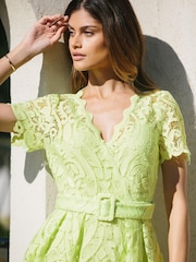 Lipsy Green Premium V Neck Belted Lace Short Puff Sleeve Midi Dress - Image 2 of 4