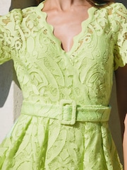 Lipsy Green Premium V Neck Belted Lace Short Puff Sleeve Midi Dress - Image 3 of 4