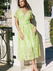 Lipsy Green Premium V Neck Belted Lace Short Puff Sleeve Midi Dress - Image 4 of 4