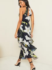 Lipsy Black Petite Printed Tiered Halter Midi Dress - Image 2 of 4