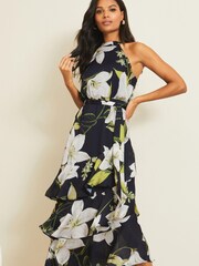 Lipsy Black Printed Tiered Halter Midi Dress - Image 1 of 4