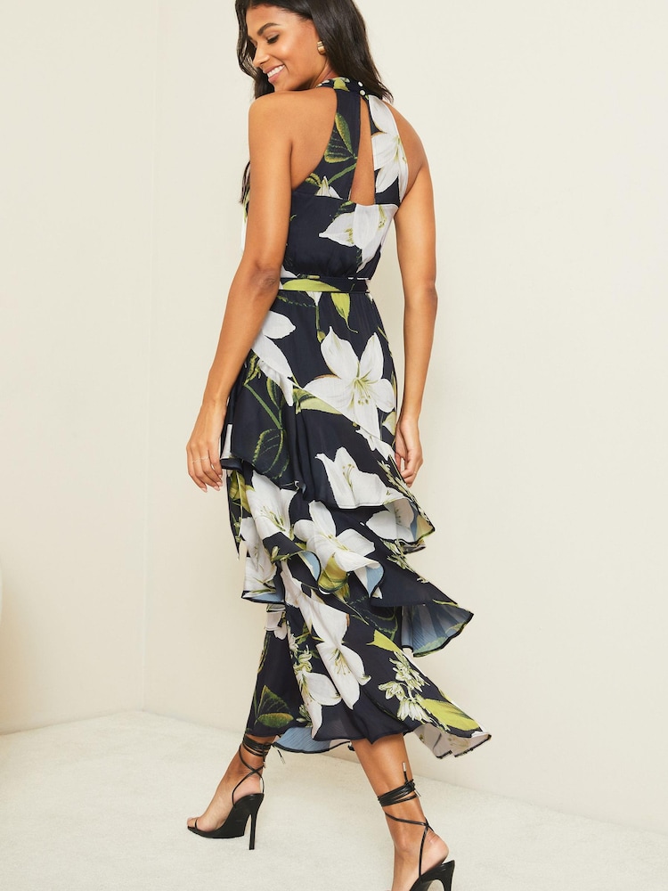 Lipsy Black Printed Tiered Halter Midi Dress - Image 2 of 4