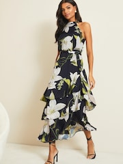 Lipsy Black Printed Tiered Halter Midi Dress - Image 3 of 4