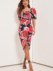 Lipsy Pink Cut Out Sweetheart Neck Puff Sleeve Midi Dress - Image 1 of 4