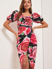 Lipsy Pink Cut Out Sweetheart Neck Puff Sleeve Midi Dress - Image 2 of 4