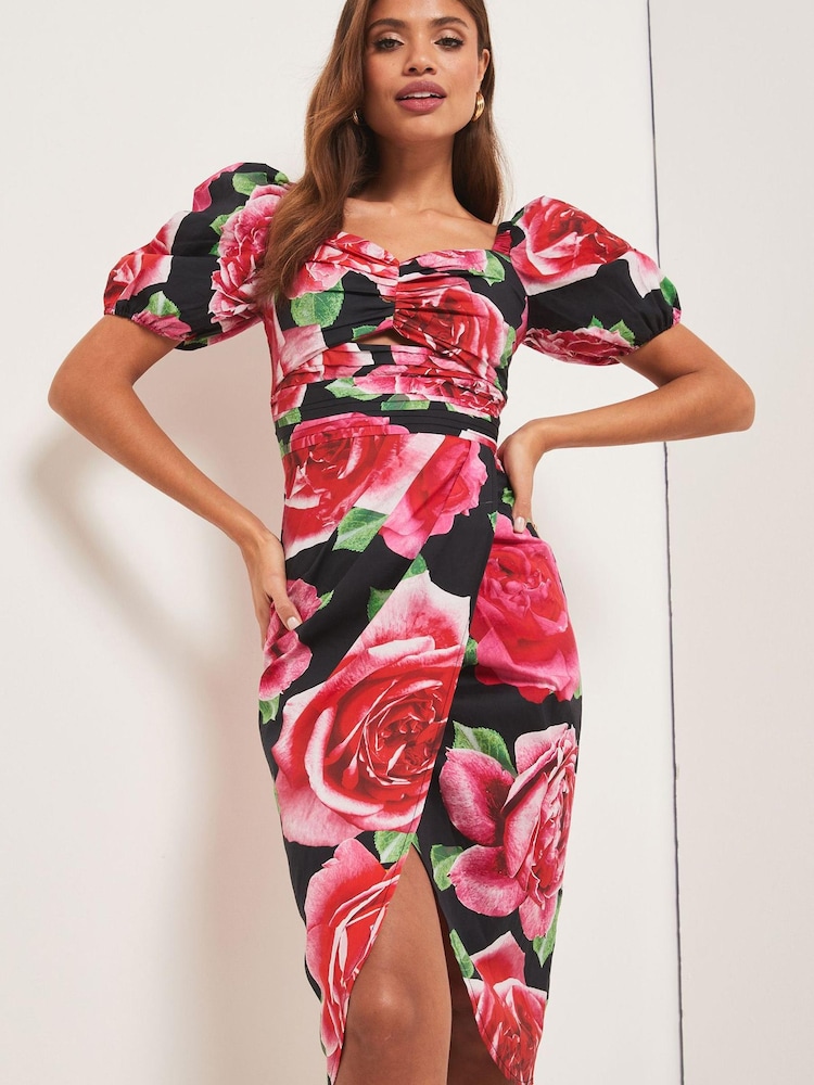 Lipsy Pink Cut Out Sweetheart Neck Puff Sleeve Midi Dress - Image 2 of 4