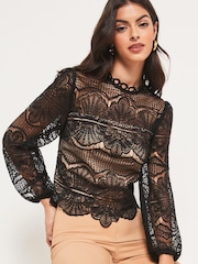 Lipsy Black Long Sleeve Lace Blouse - Image 1 of 4