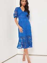 Lipsy Blue Petite Premium Lace V Neck Puff Sleeve Midi Dress - Image 1 of 4