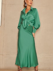 Chi Chi London Green Long Sleeve Tie Up Satin Shirt - Image 1 of 5