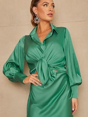 Chi Chi London Green Long Sleeve Tie Up Satin Shirt - Image 2 of 5