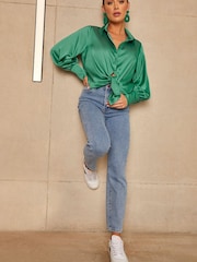 Chi Chi London Green Long Sleeve Tie Up Satin Shirt - Image 5 of 5