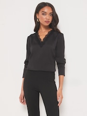 Lipsy Black Lace Trim Satin V Neck Top - Image 1 of 4