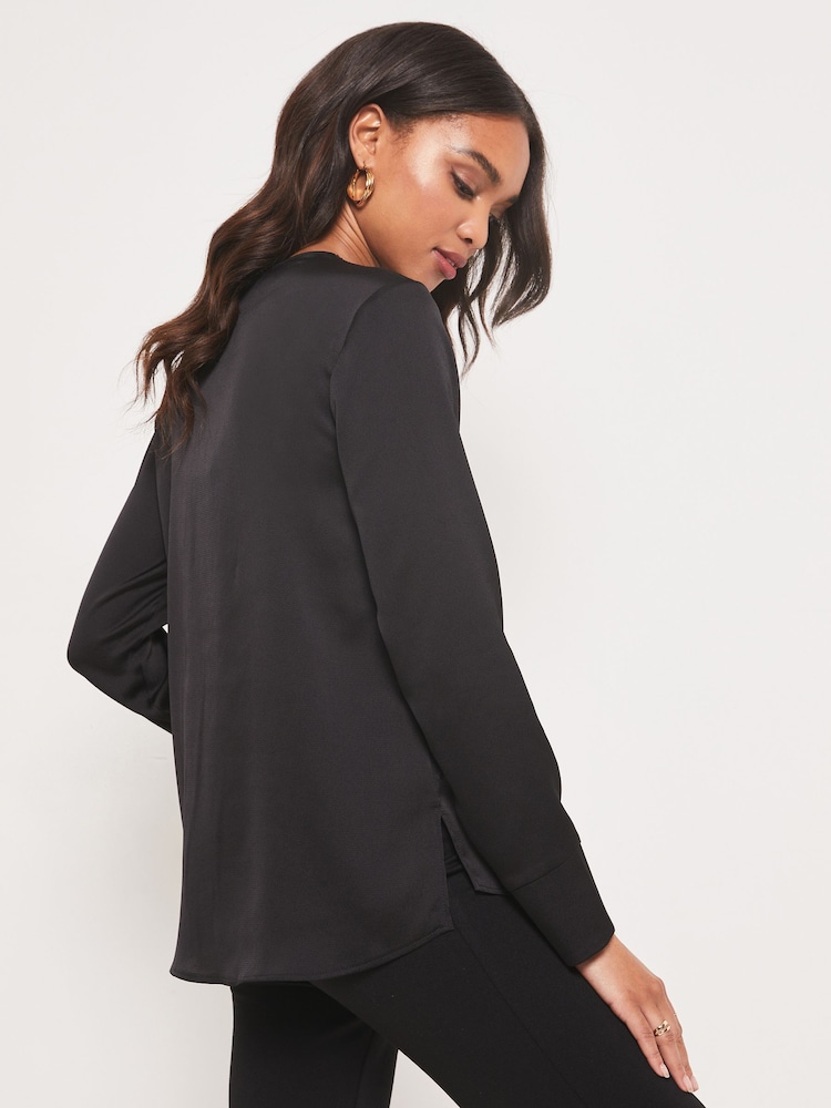 Lipsy Black Lace Trim Satin V Neck Top - Image 2 of 4