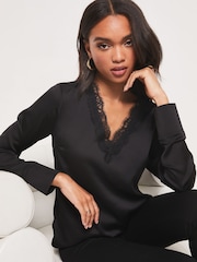 Lipsy Black Lace Trim Satin V Neck Top - Image 4 of 4