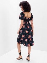 Gap Black Floral Smocked Square Neck Short Sleeve Midi Dress - Image 2 of 5