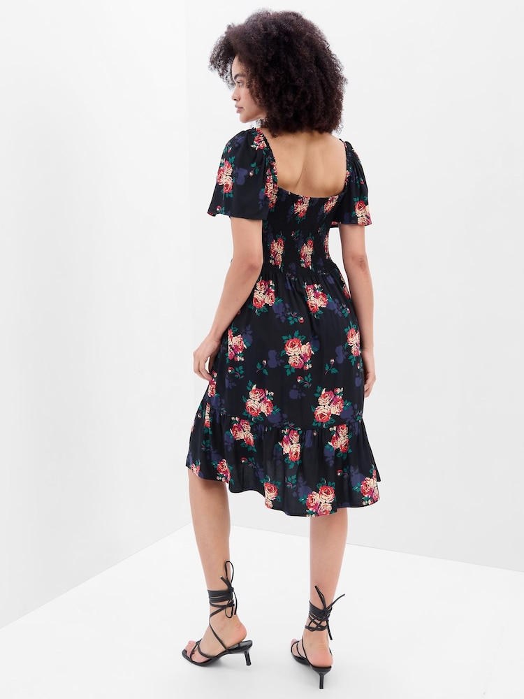Gap Black Floral Smocked Square Neck Short Sleeve Midi Dress - Image 2 of 5