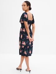 Gap Black Floral Smocked Square Neck Short Sleeve Midi Dress - Image 3 of 5