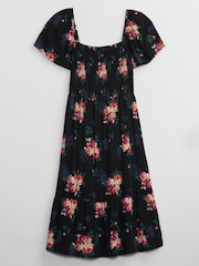 Gap Black Floral Smocked Square Neck Short Sleeve Midi Dress - Image 4 of 5