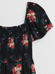 Gap Black Floral Smocked Square Neck Short Sleeve Midi Dress - Image 5 of 5