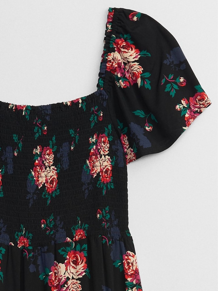 Gap Black Floral Smocked Square Neck Short Sleeve Midi Dress - Image 5 of 5