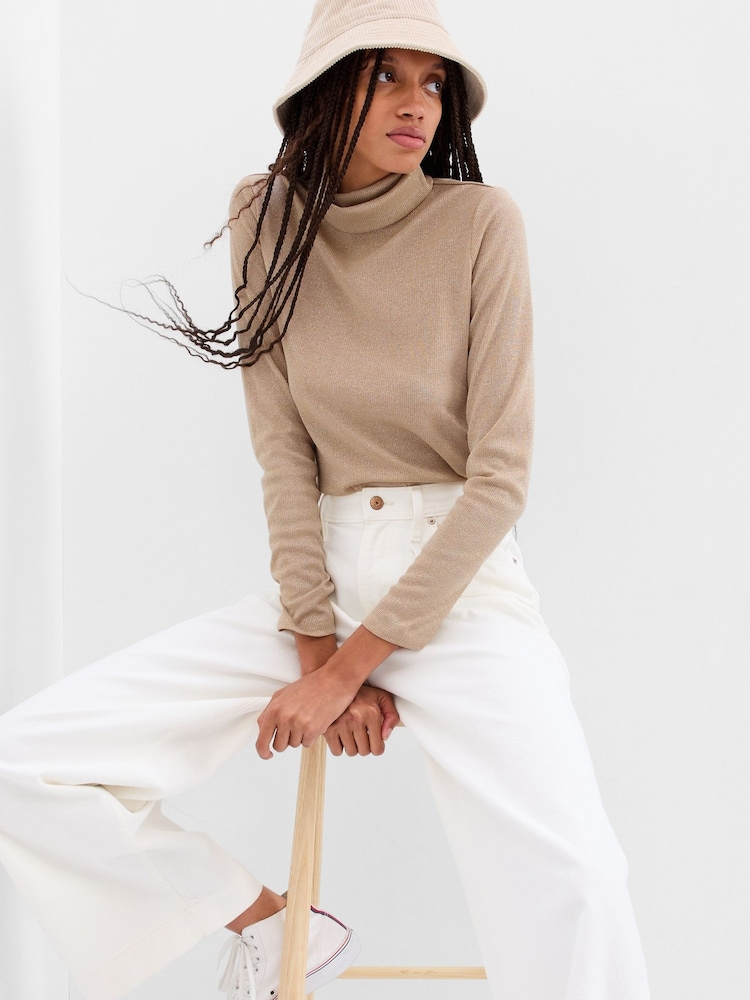 Gap Beige Metallic Ribbed Long Sleeve Turtle Neck T-Shirt - Image 1 of 1