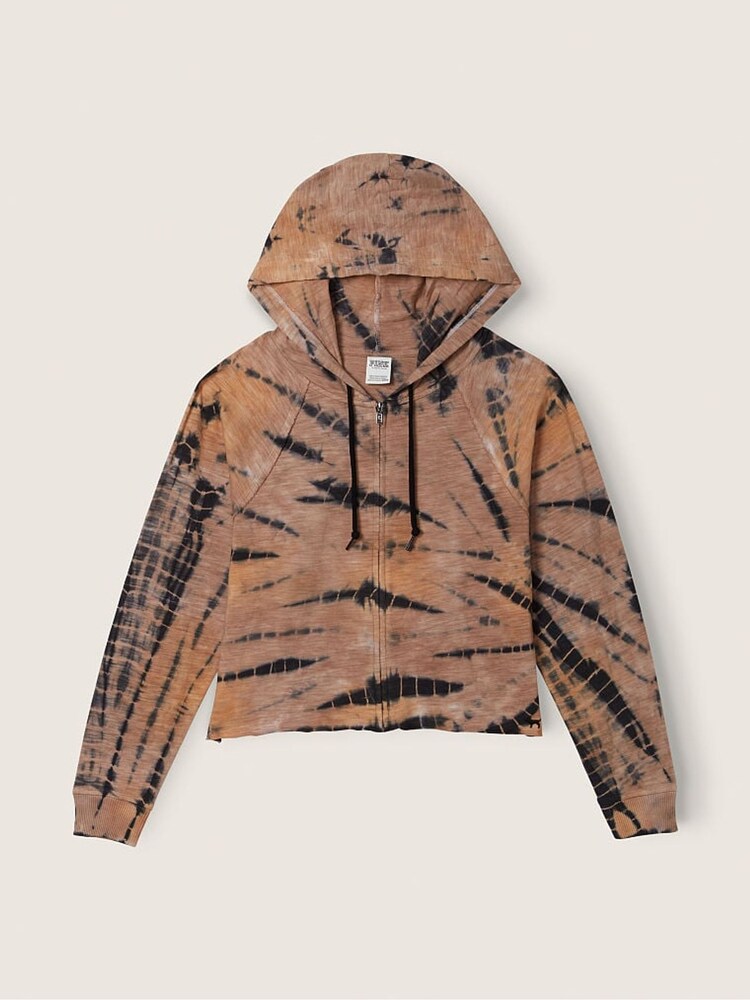 Victoria's Secret PINK Oslo Burst Tie Dye Brown Cotton Slub Cropped Zip Up Hoodie - Image 5 of 5