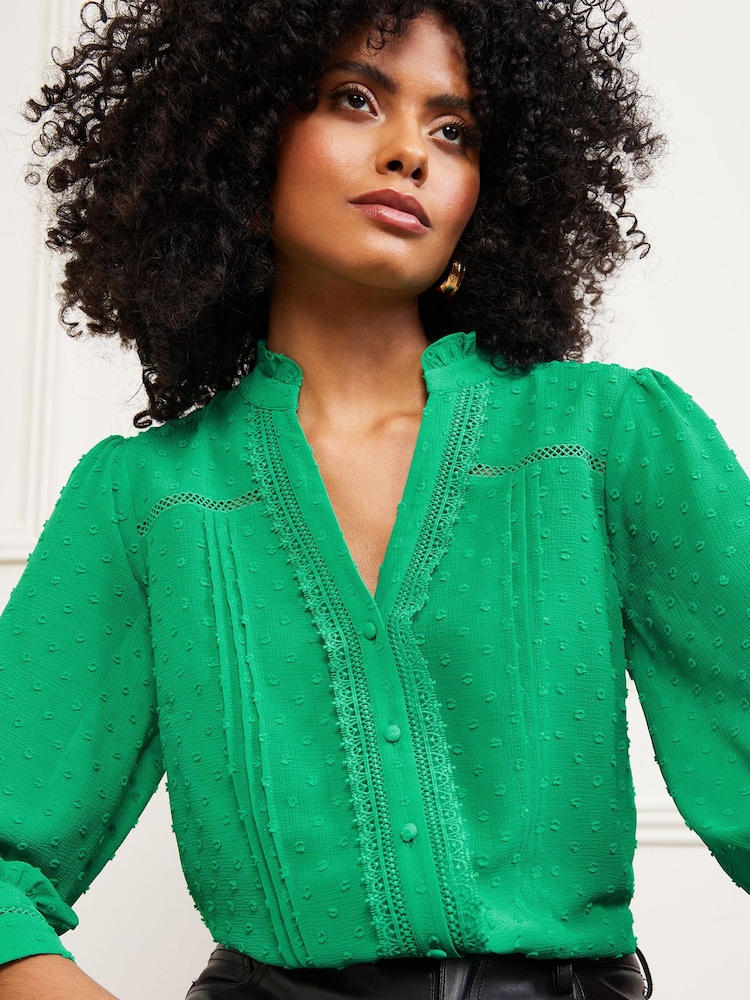Love & Roses Green Dobby Lace Trim 3/4 Sleeve Button Through Blouse - Image 2 of 4 Love & Roses Green Dobby Lace Trim 3/4 Sleeve Button Through Blouse - Image 2 of 4