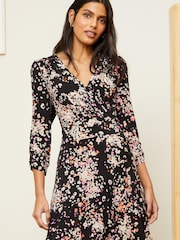 Love & Roses Black Animal Jersey 3/4 Puff Sleeve Wrap Mini Dress - Image 1 of 4