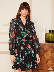 Love & Roses Black Floral Jersey Mix Long Sleeve Mini Dress - Image 1 of 4