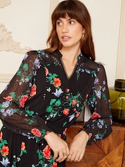 Love & Roses Black Floral Jersey Mix Long Sleeve Mini Dress - Image 2 of 4