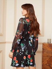 Love & Roses Black Floral Jersey Mix Long Sleeve Mini Dress - Image 3 of 4