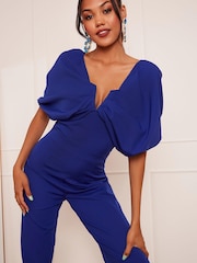 Chi Chi London Blue Drape Sleeve Wide Leg Jumpsuit - Image 4 of 5
