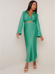 Chi Chi London Green Long Sleeve V Neck Satin Twist Detail Top - Image 1 of 5