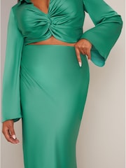 Chi Chi London Green Long Sleeve V Neck Satin Twist Detail Top - Image 5 of 5
