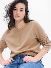 Gap Beige Ribbed Long Sleeve Crew Neck Henley T-Shirt - Image 1 of 1