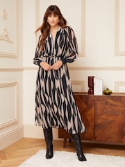 Love & Roses Black Geometric Printed V Neck Belted Long Sleeve Midi Dress - Image 1 of 4