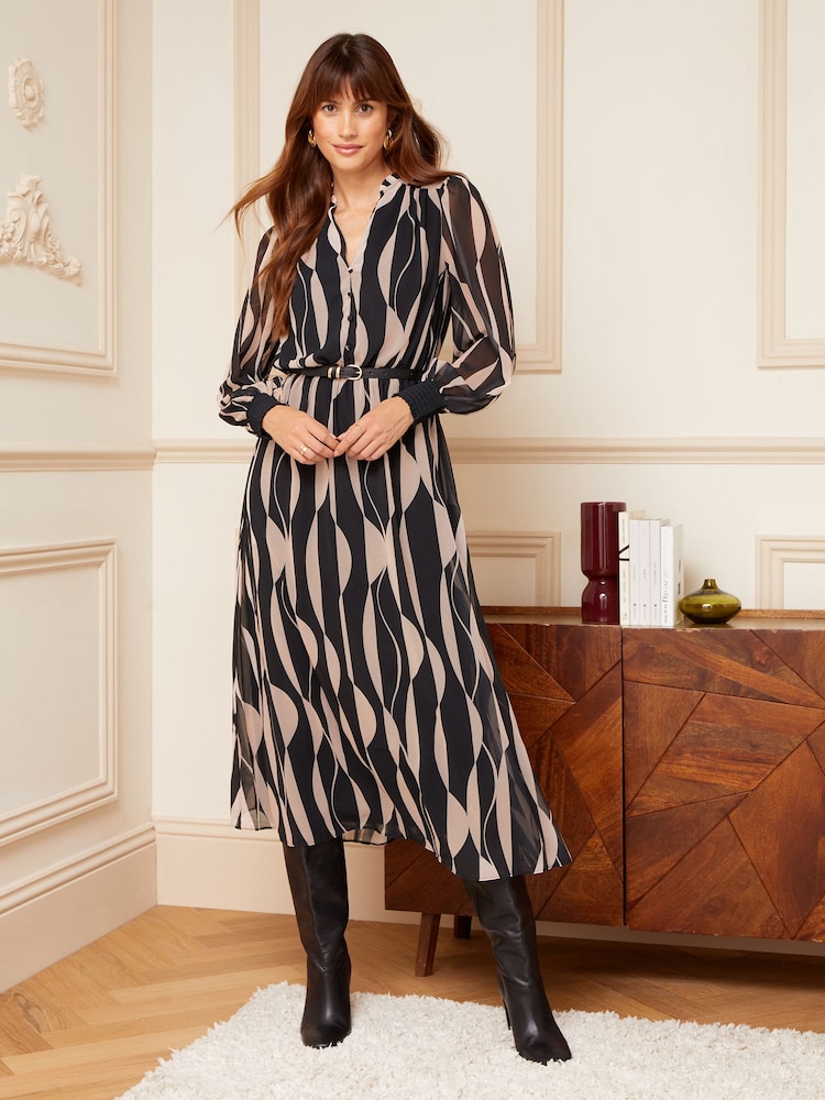 Love & Roses Black Geometric Printed V Neck Belted Long Sleeve Midi Dress - Image 1 of 4