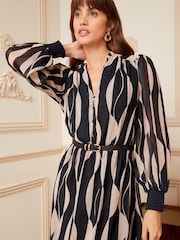 Love & Roses Black Geometric Printed V Neck Belted Long Sleeve Midi Dress - Image 2 of 4