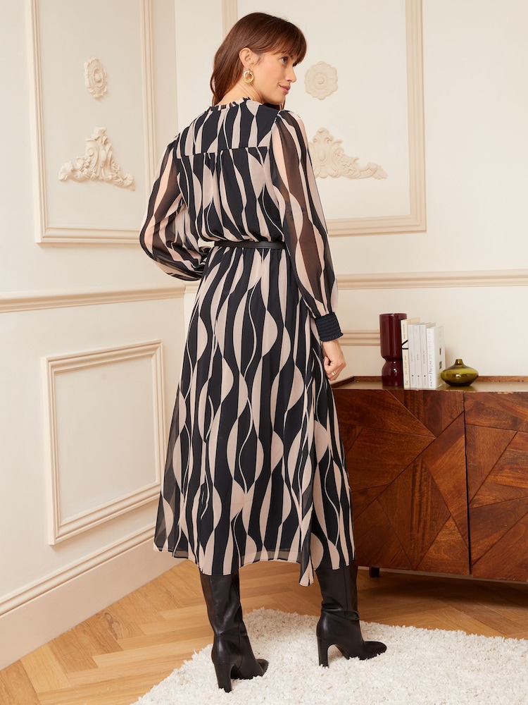 Love & Roses Black Geometric Printed V Neck Belted Long Sleeve Midi Dress - Image 3 of 4