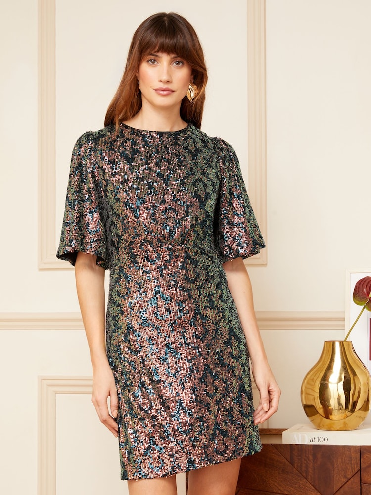 Love & Roses Navy Blue Flutter Sleeve Sequin Empire Mini Dress - Image 1 of 4